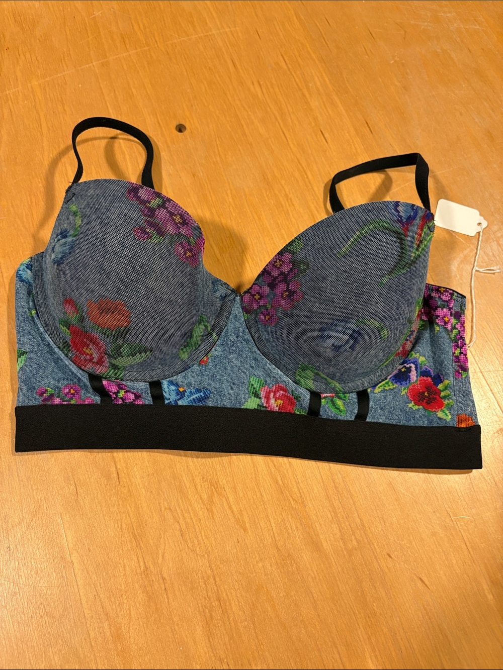 Floral Denim-Print Longline Bandeau Bra in Blue